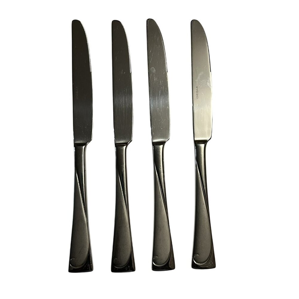 New Oneida SCRIPT Frosted Swirl Set of 4 Dinner Knives Stainless Flatware Lot